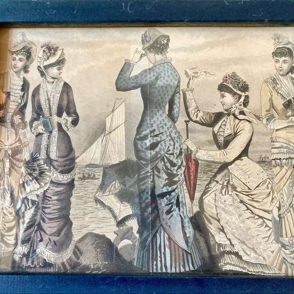 French 1800’s Fashion Plate Original Print Framed in Rustic Blue Wooden Frame - Picture 2 of 8